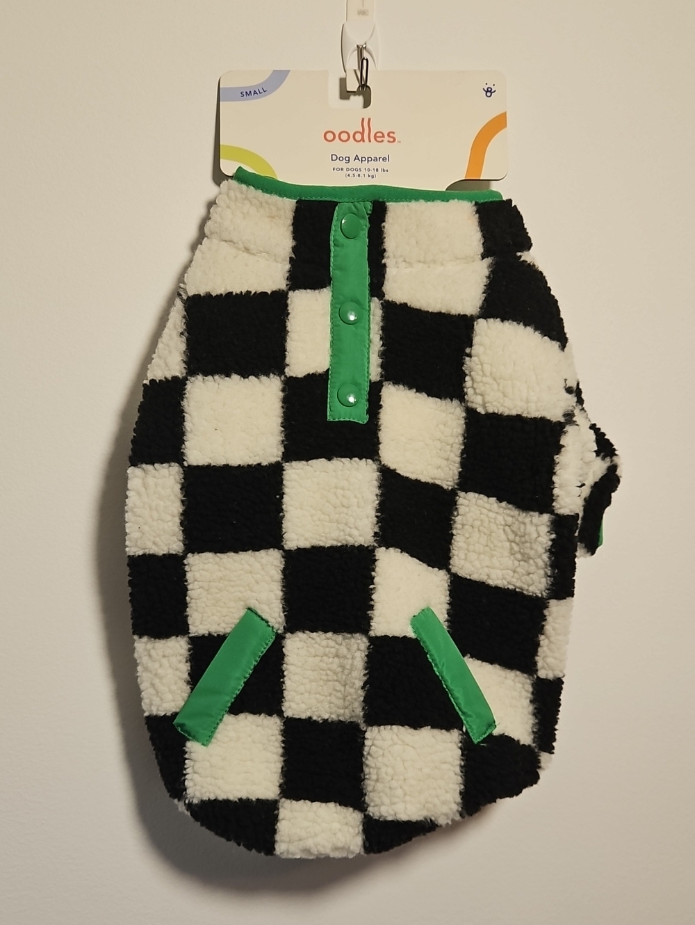 Oodles Kids Pet Sherpa Hat in Black & White Check with Green Trim